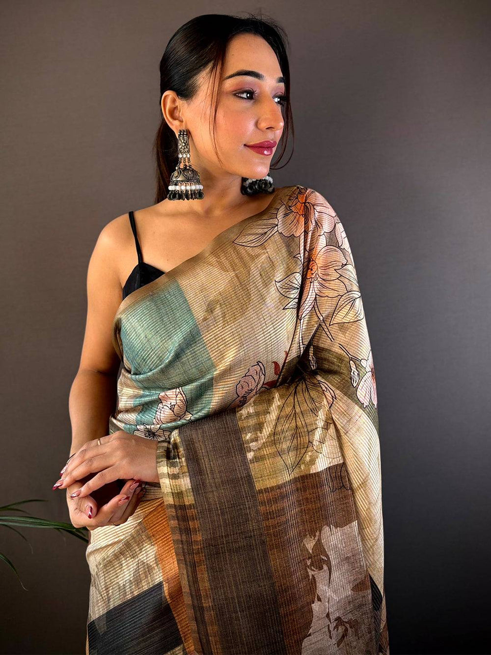 Dark Khaki Semi-Gold Zari Abstract Tussar Saree