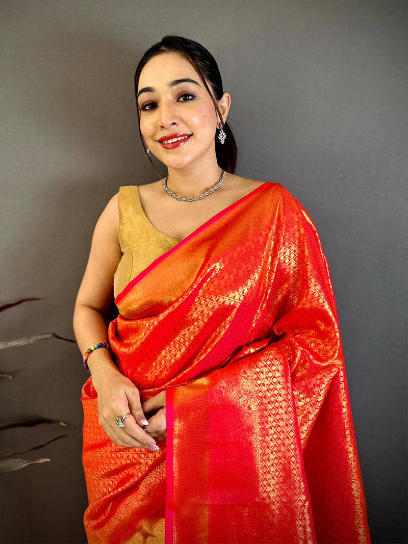 Radiant Orange Kanjivaram Zari Silk Saree