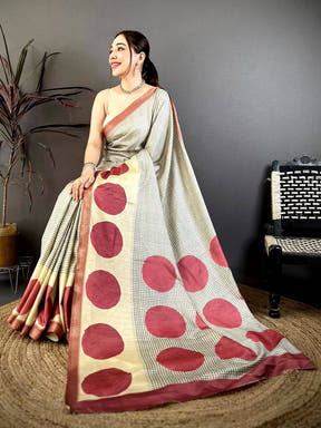 Elegant Polka Dot Grid Check Soft Tussar Saree