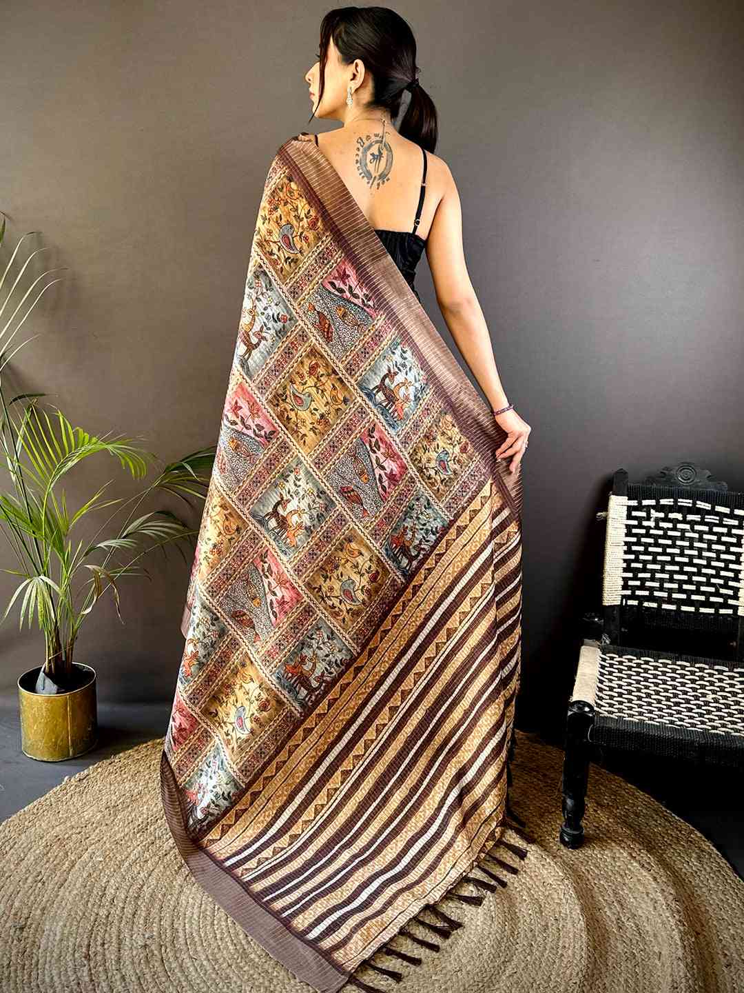 Multi Black Chex Kalamkari Madhubani Saree