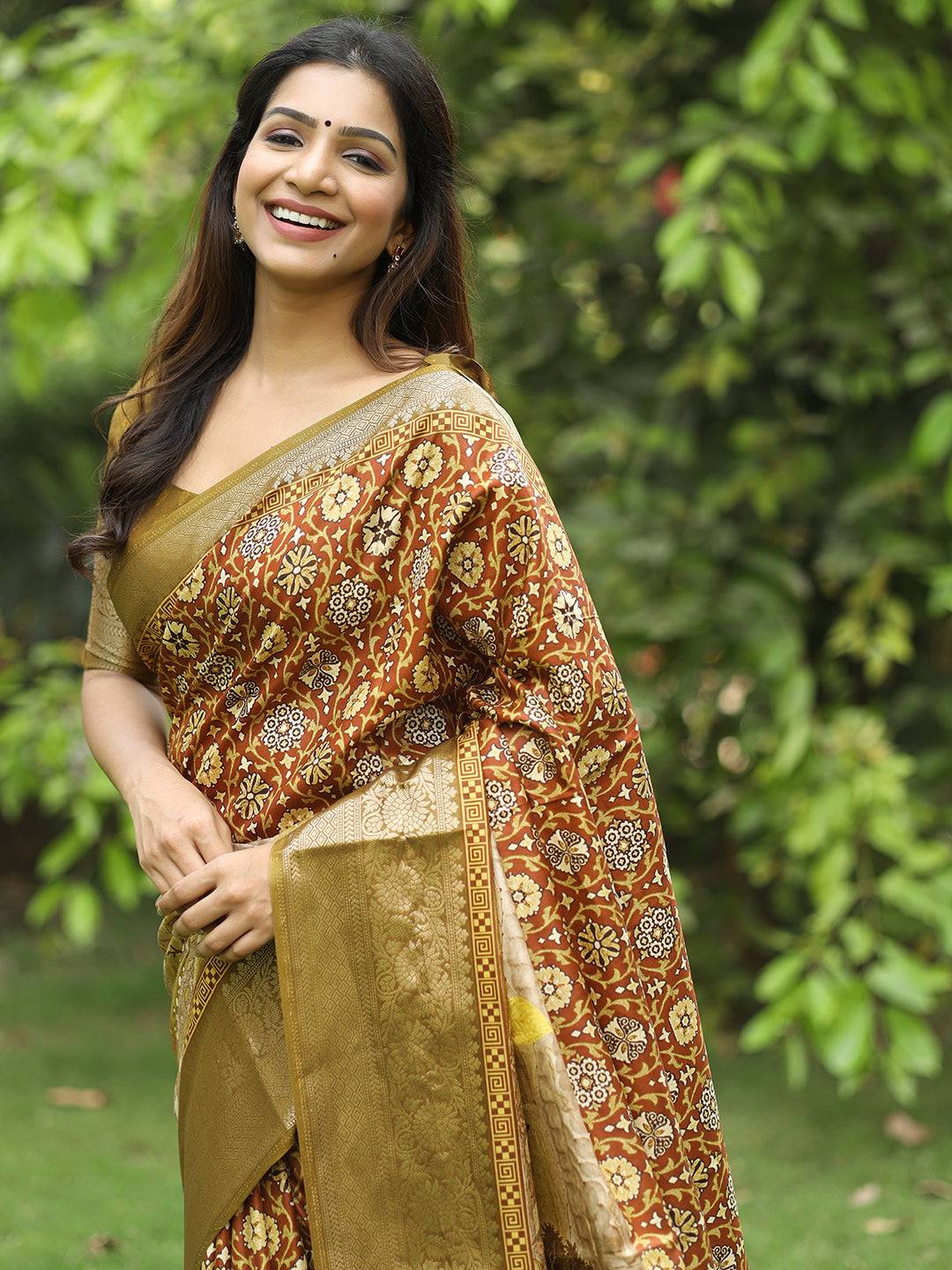 Brown Ajrak Block & Hand Kalamkari Print Pure Viscose Saree 