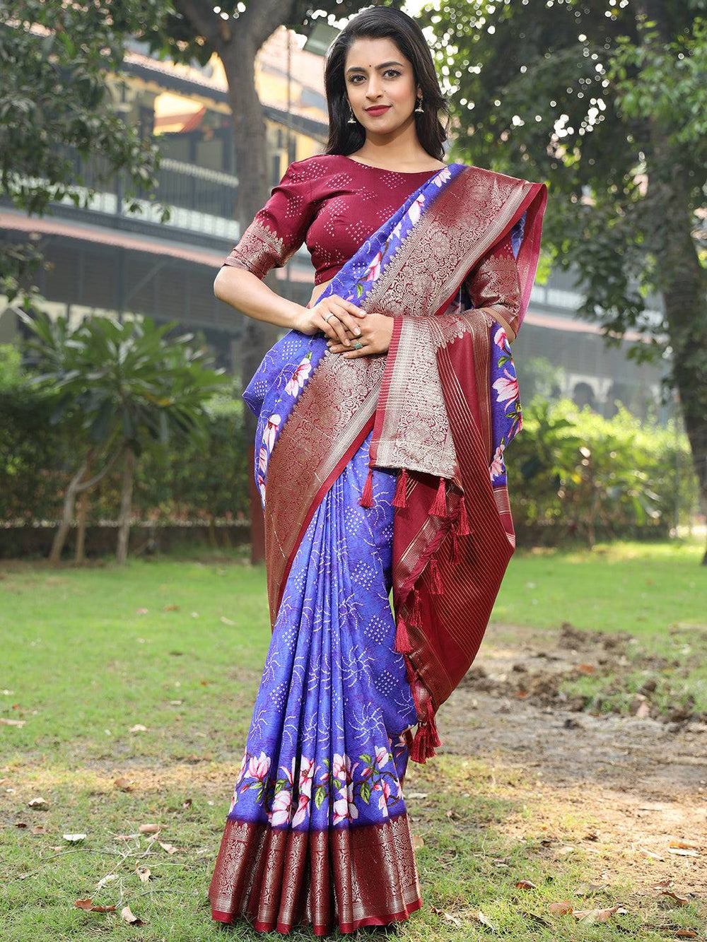 Purple Pure Viscose Dola Silk Saree With Floral Print Border