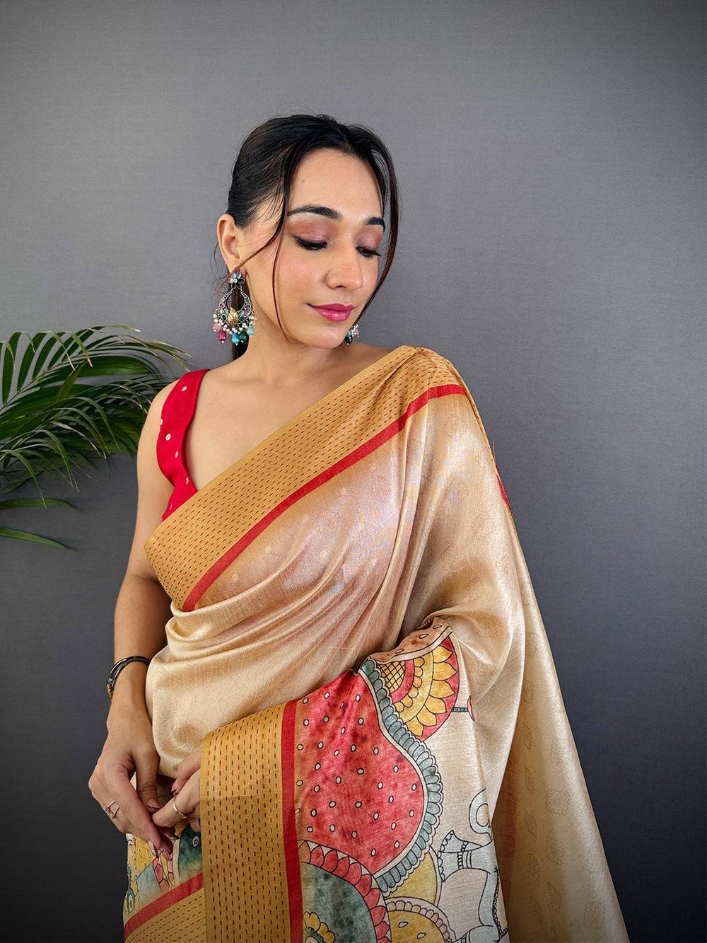Cream Tussar Silk Kalamkari Print Saree