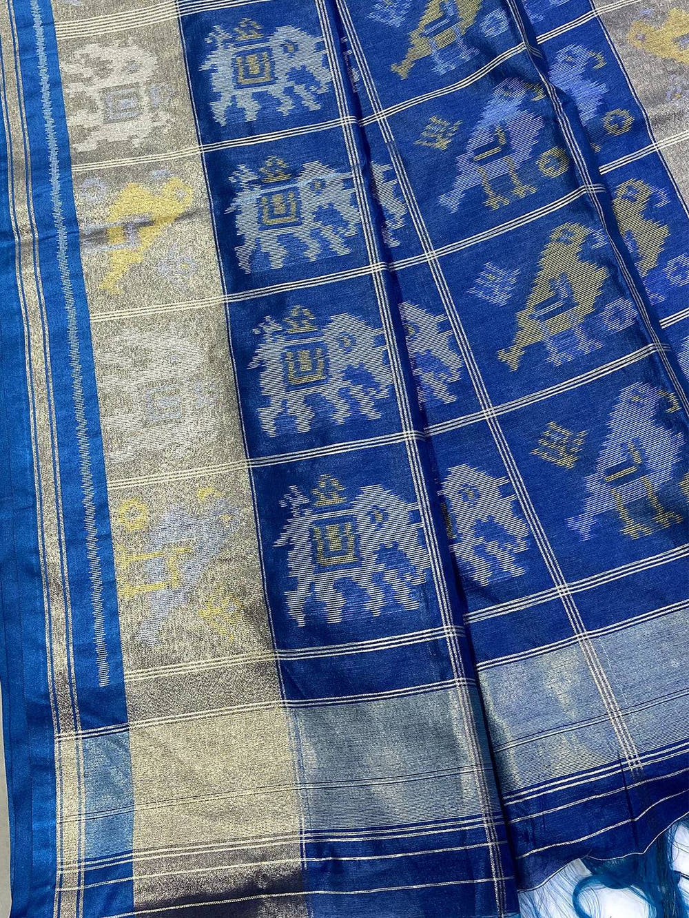 Blue Double Ikat Tussar Silk Saree