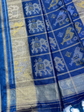 Blue Double Ikat Tussar Silk Saree