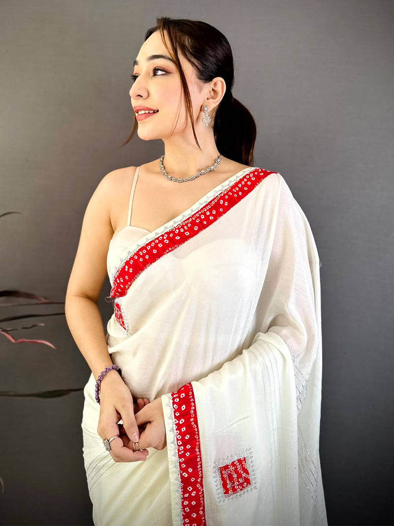 Red Bandhej Butta Chiffon Saree