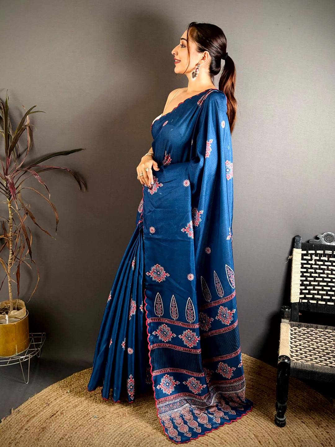 Classic Ajrakh Printed Tussar Saree


