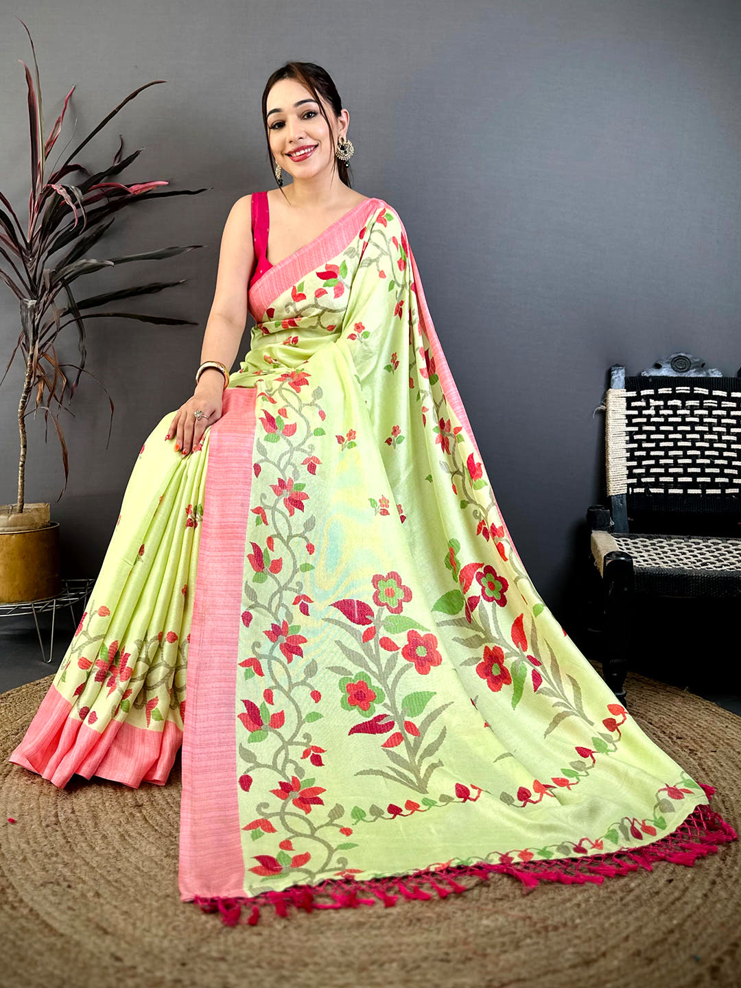 Jamdani Light Green Colour Floral Print Solid Saree
