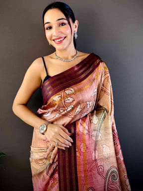 Peach Soft Silk Abstract Geometric Saree
