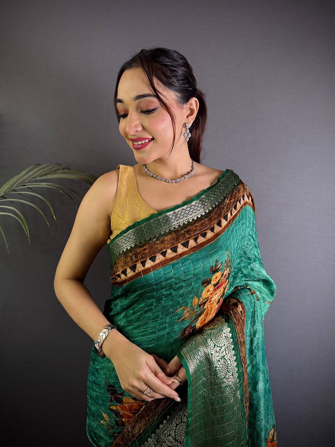 Emerald Green Floral Printed Viscose Saree