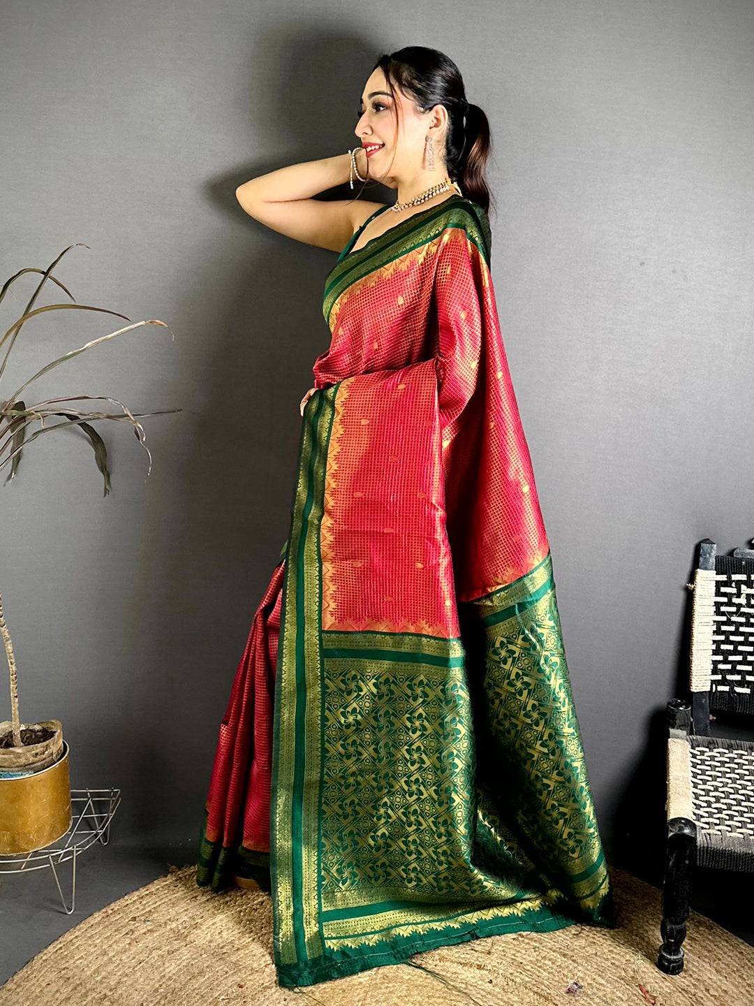Red Banarasi Katan Silk Gadwal Zari Saree