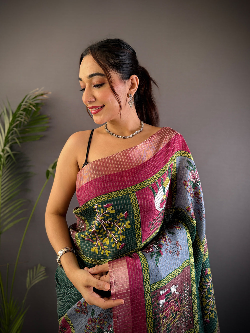 Bottle Green Tussar Kalalmkari Print Saree