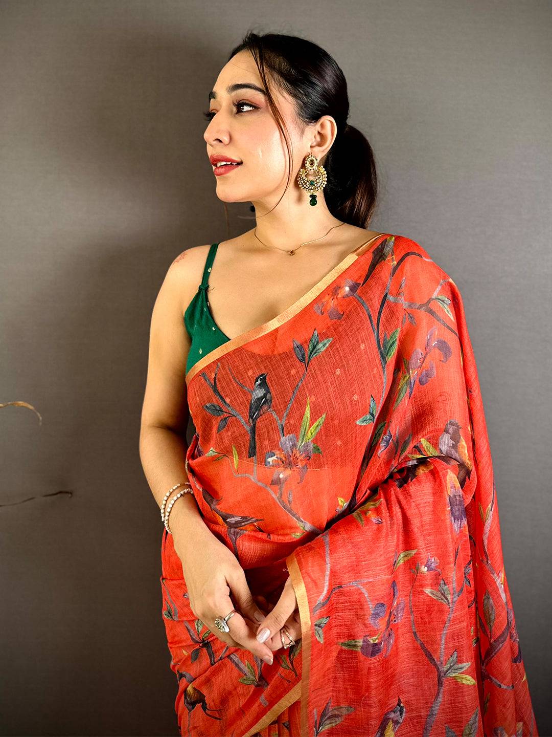 Designer Linen Chanderi Digital Bird Saree