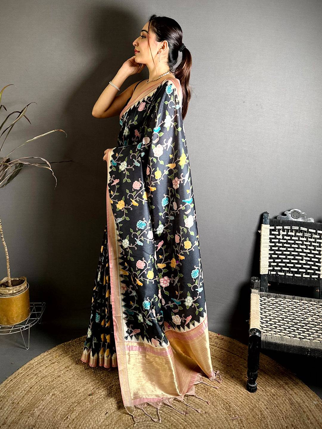 Royal Gold Lakda Patta Kalamkari Saree
