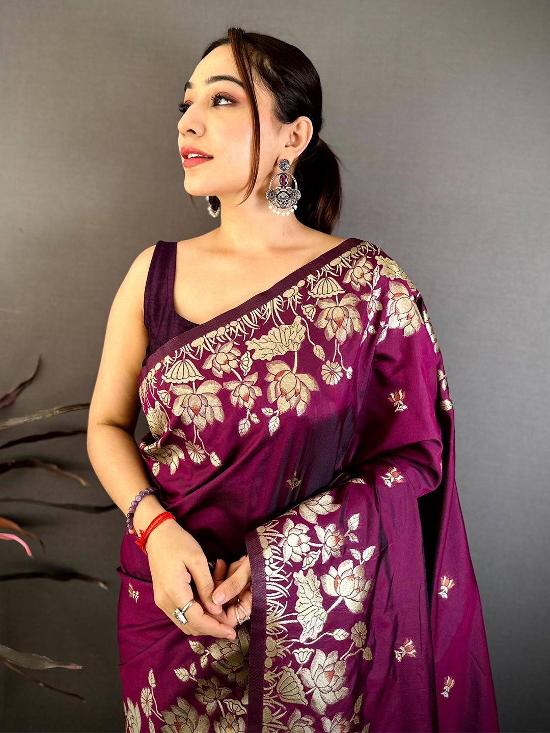 Dark Purple Soft Silk Kanjivaram Saree with Gold Floral Embroidery