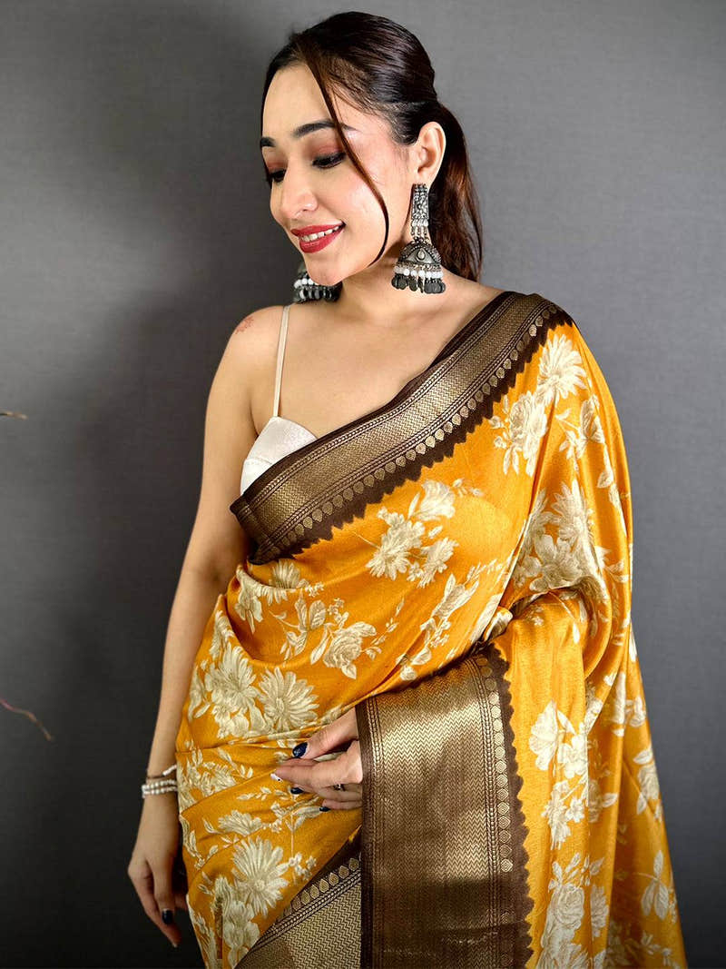 Mustard Dola Big Floral Zari Kanchi Saree