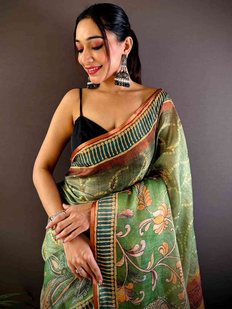 Fern Green Floral Chanderi Saree