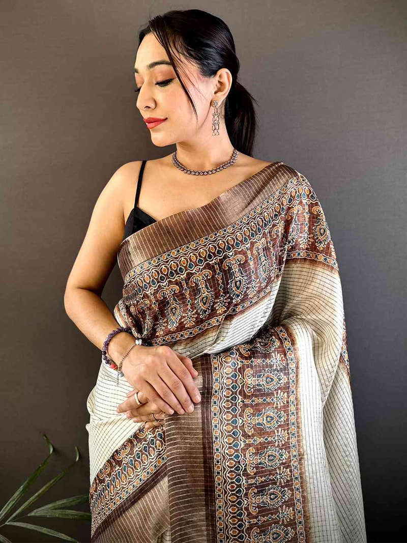 Brown Soft Silk Floral Digital Saree