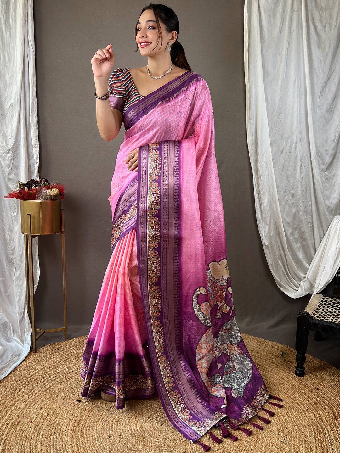 Elegant Dahlia Pink Kota Saree featuring rich satin border