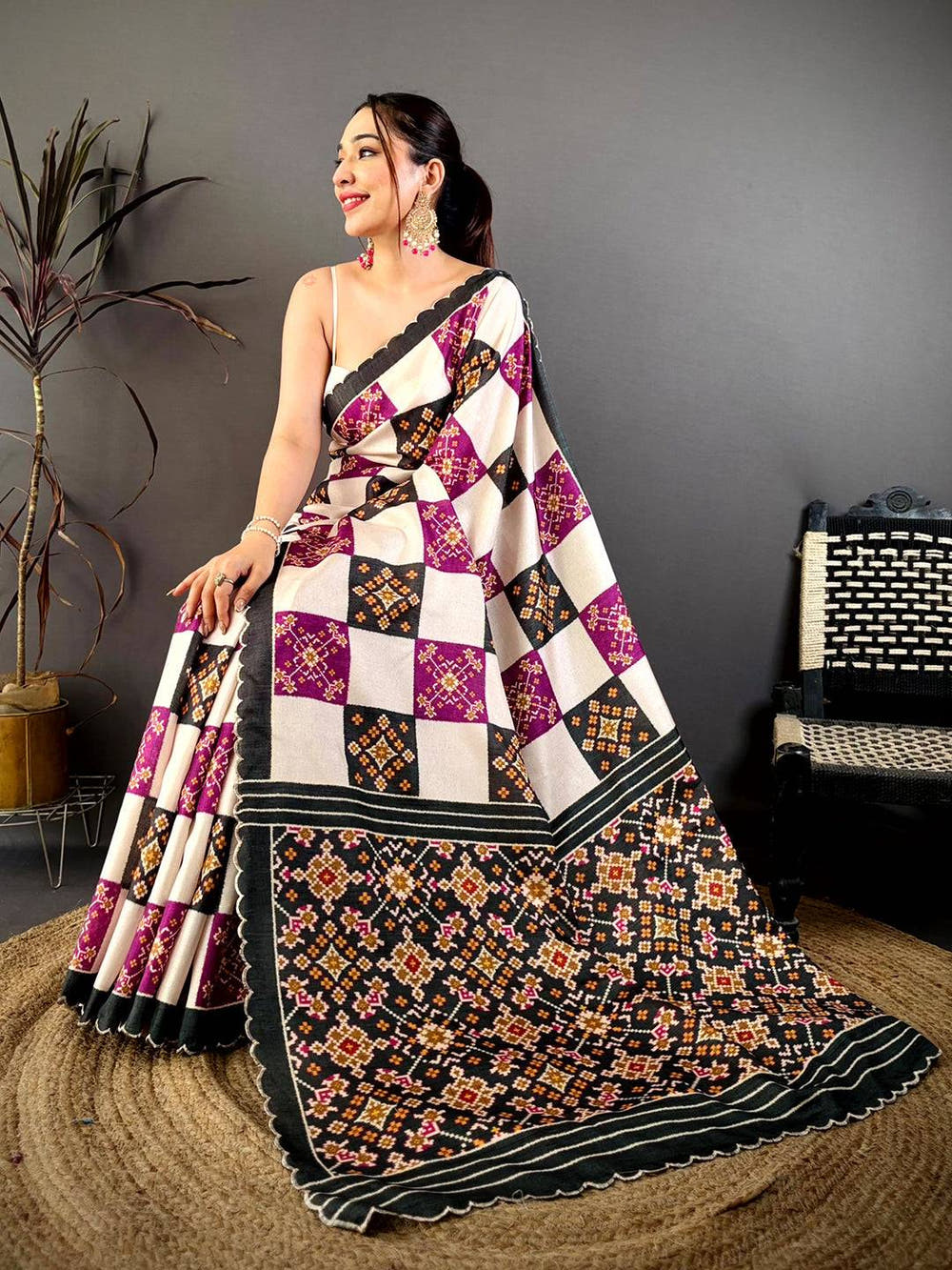 Stylish Multi Box Ikkat Print Tussar Saree