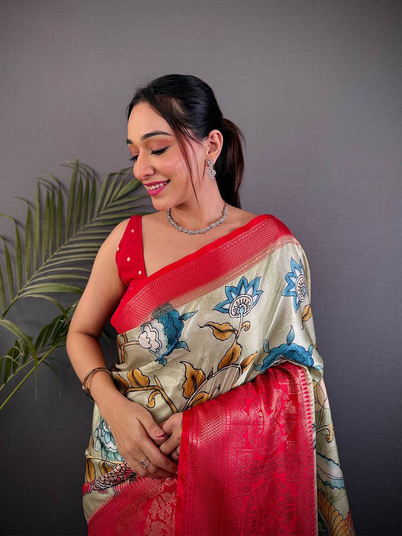 Ivory Kalamkari Printed Soft Satin Saree