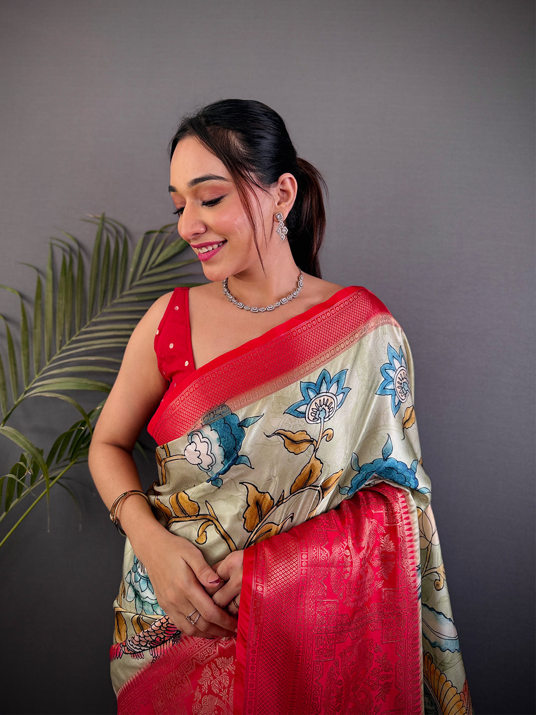 Ivory Kalamkari Printed Soft Satin Saree