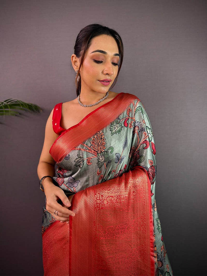 Sea Green Cherry Satin Kalamkari Saree