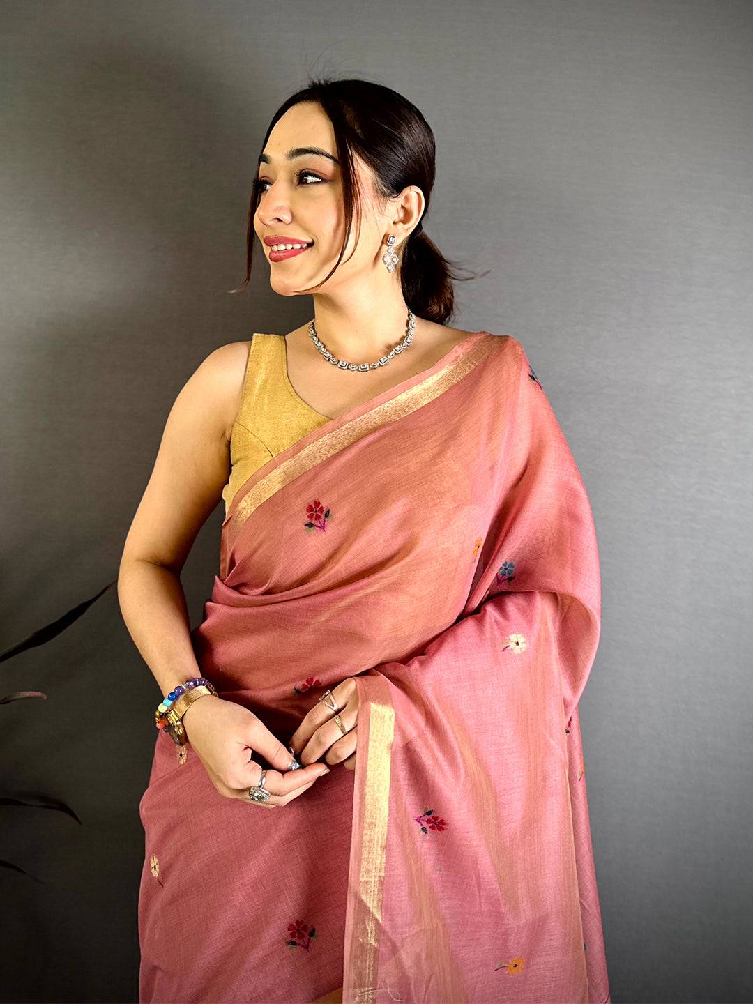 Rust Orange Minakari Khadi Cotton Saree


