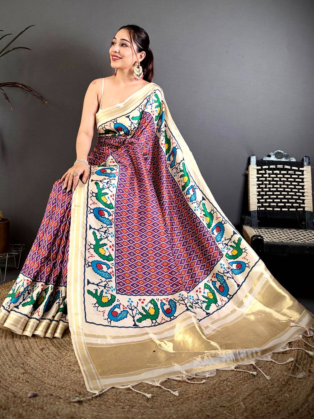 
Purple Soft Kanchi Silk Ikkat Patola Saree