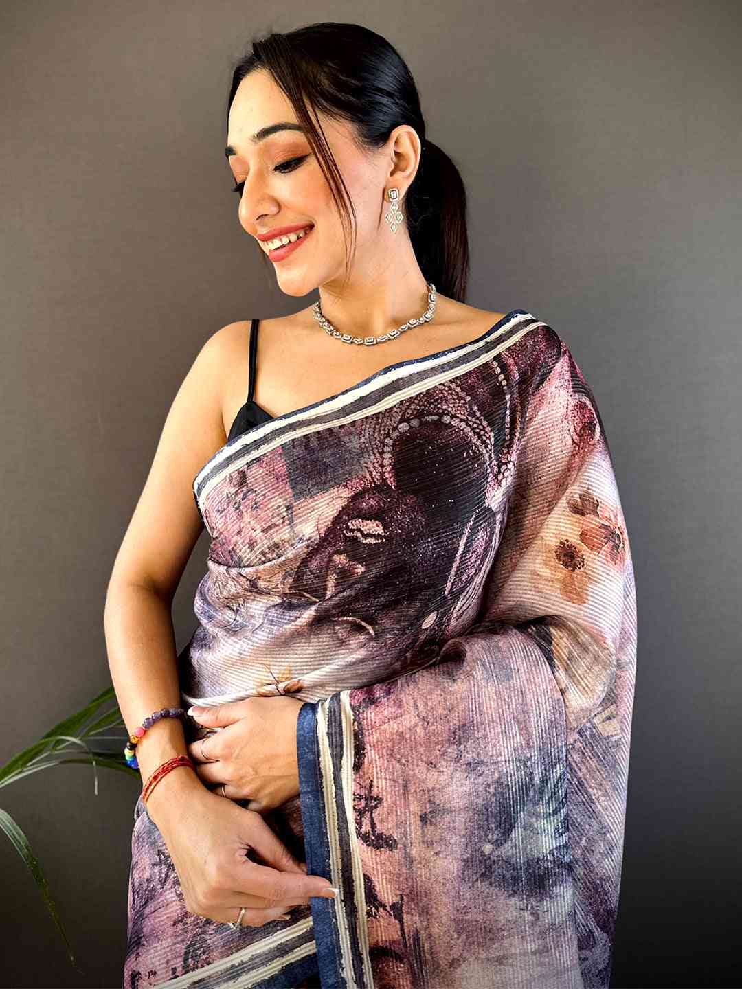 Lavender Gold Zari Tussar Batik Print Saree