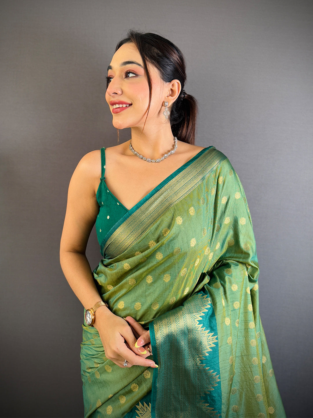 Green Hand Dyed Raw Silk Saree