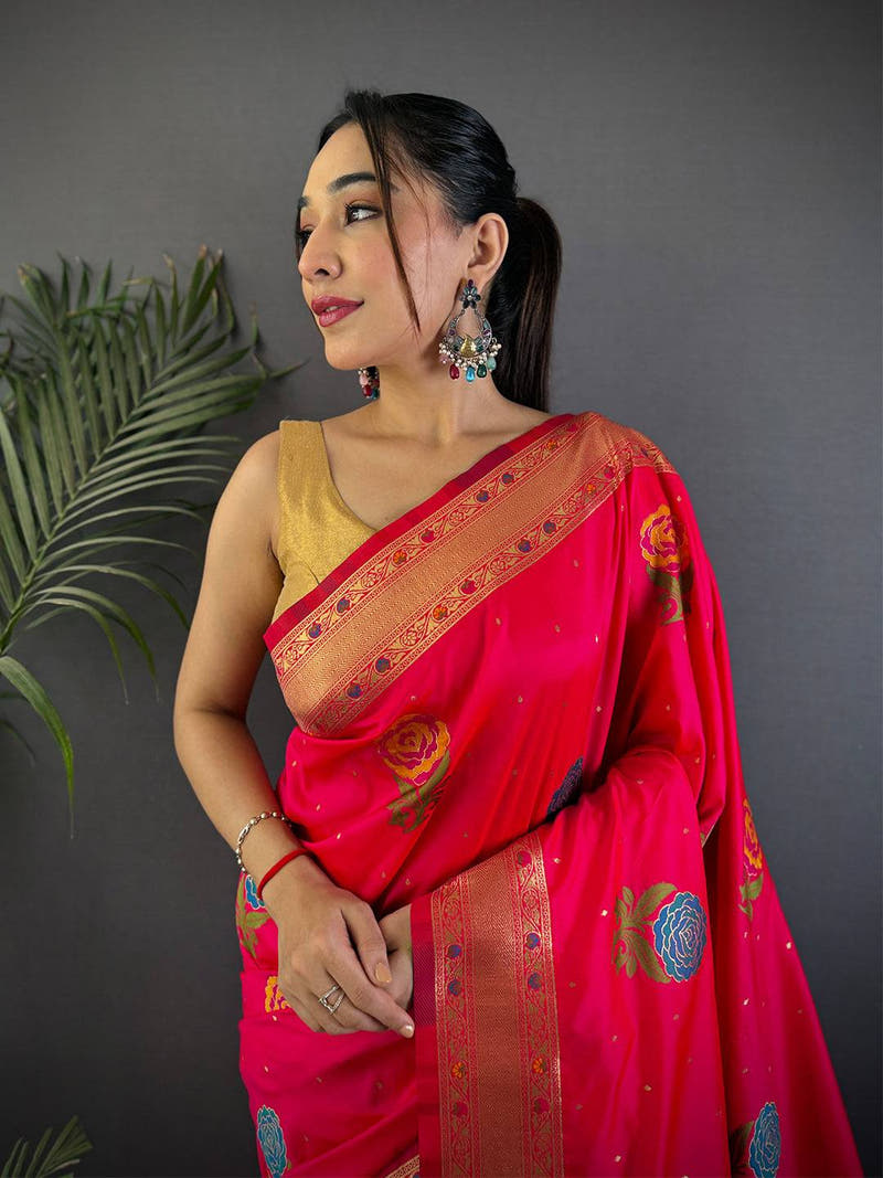 Pink Soft Silk Flowerport Minakari Saree

