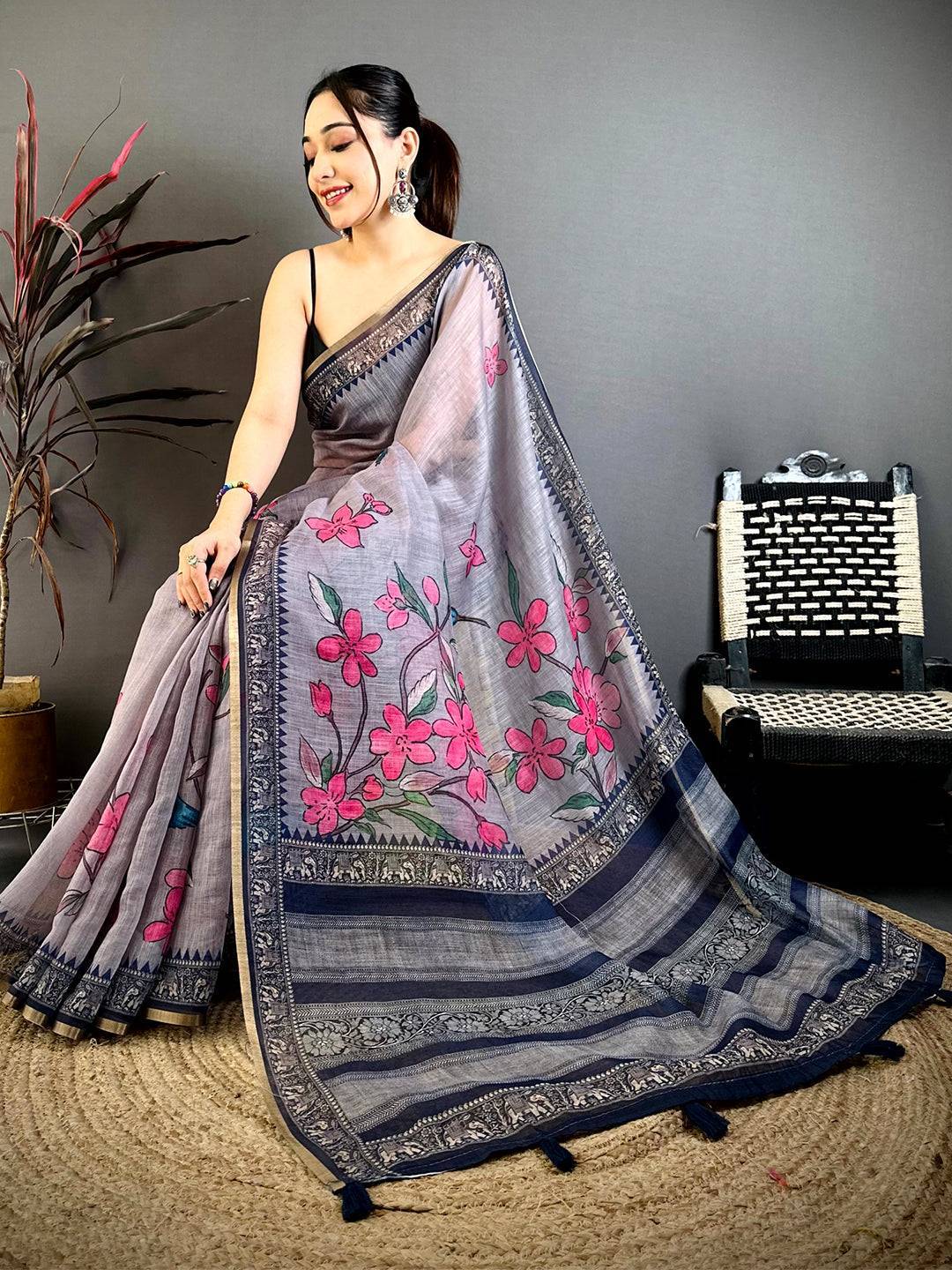 Artistic Linen Floral Kalamkari Saree