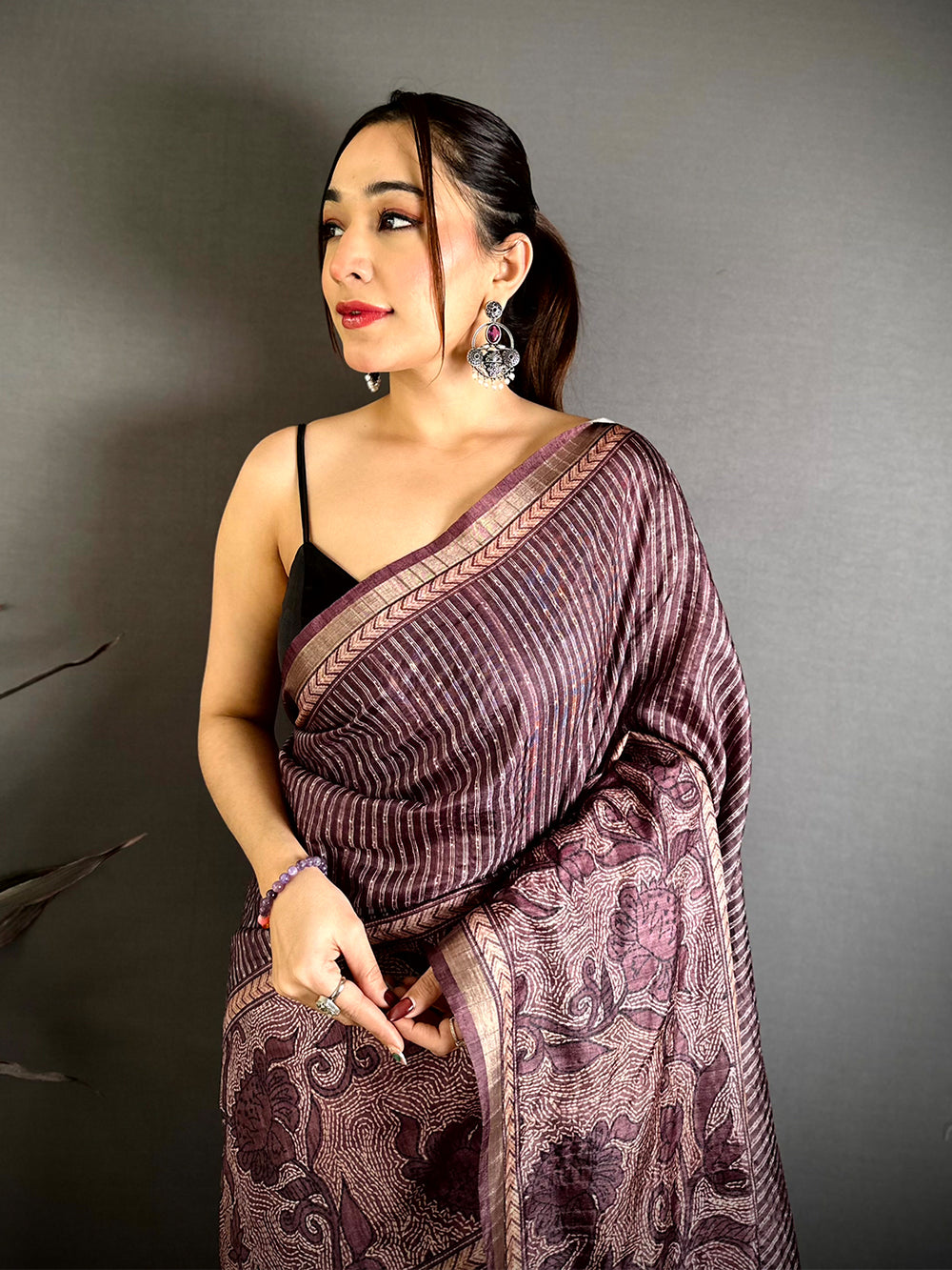 Brown Digital Katha Work Saree