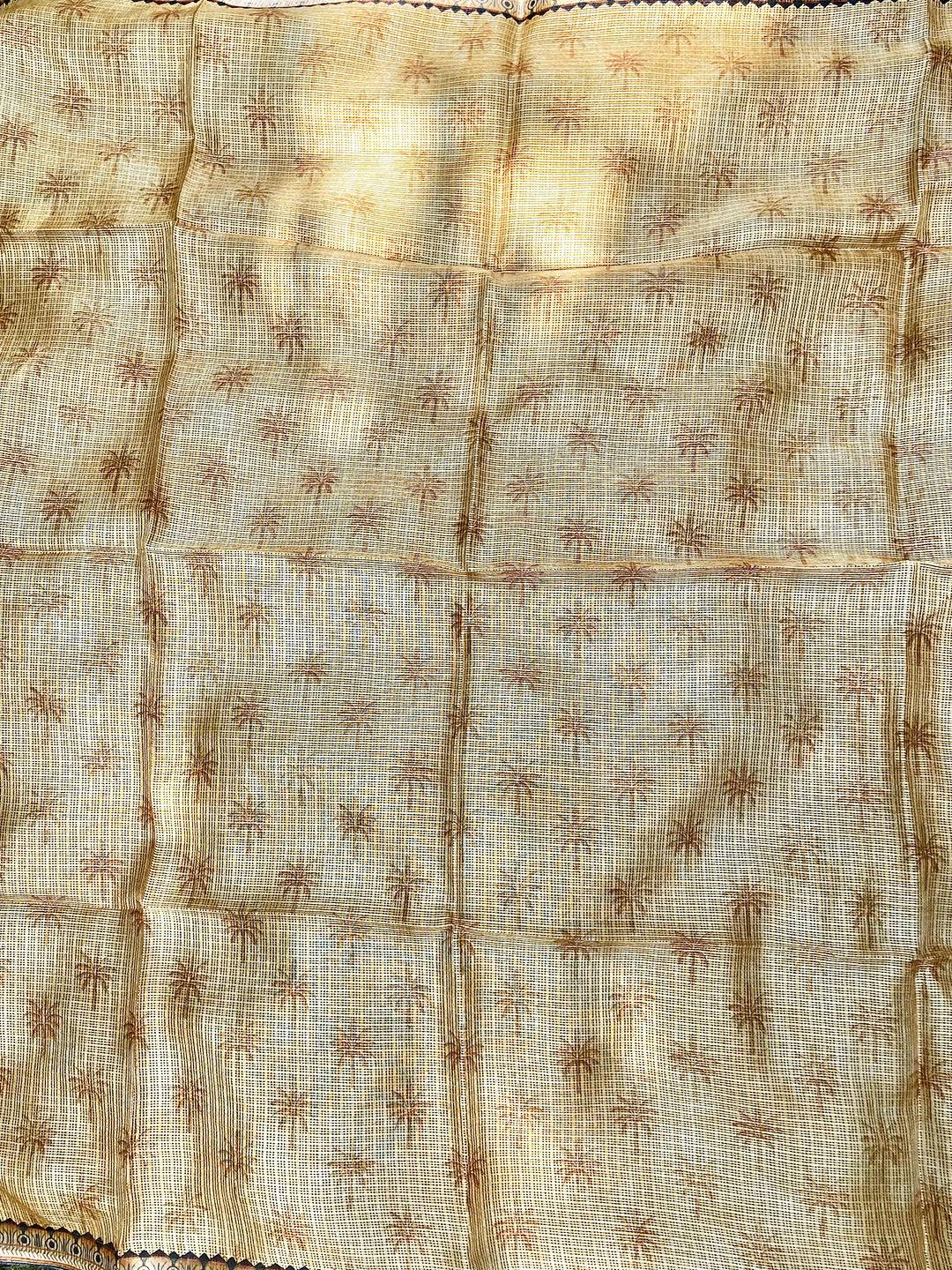 Backside of light green Kota Doriya silk saree with subtle palm patterns