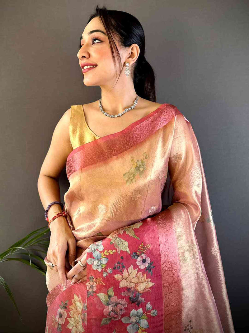 Red Tissue Digital Floral Saree