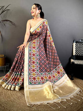 Maroon Ethnic Digital Ikkat Kanchi Saree