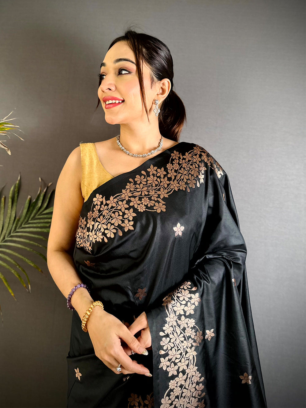 Rose Gold Blossom Soft Satin Silk Saree