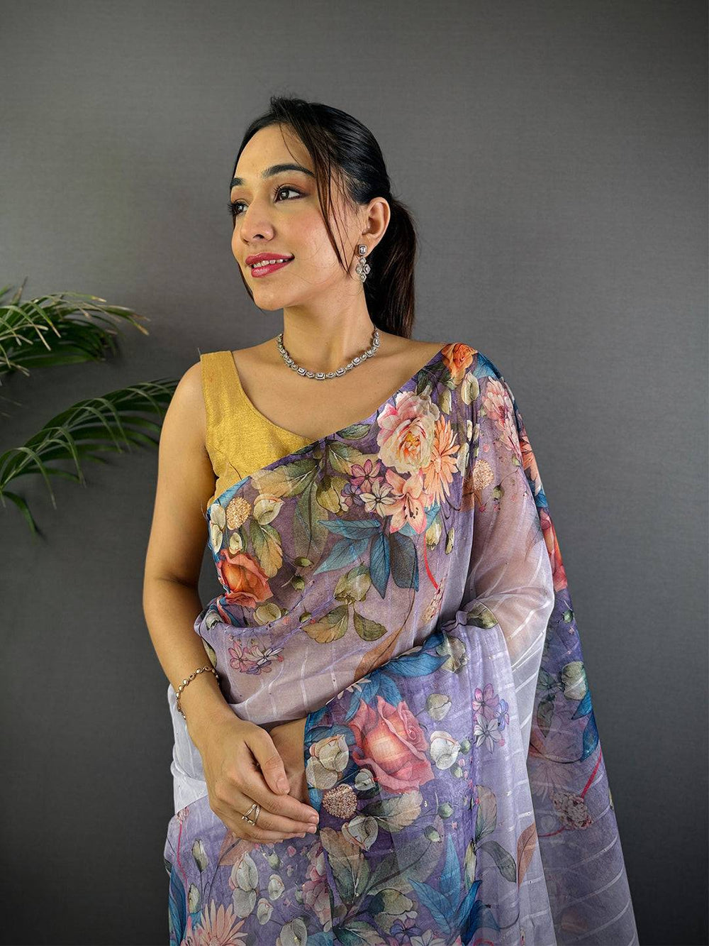 Light Purple Soft Organza Digital Floral Saree