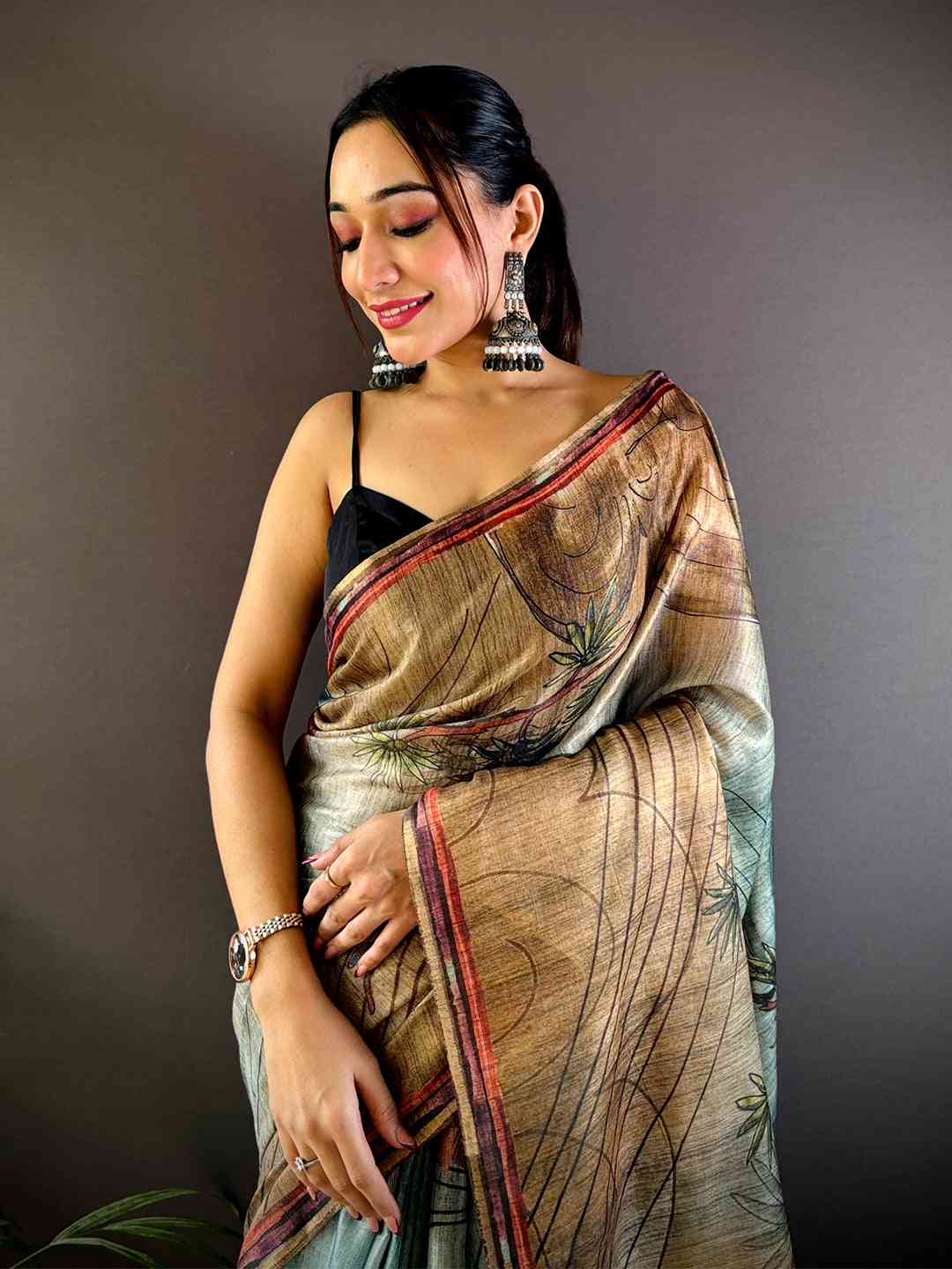 Sky Blue Tissue Chanderi Floral Abstract Saree