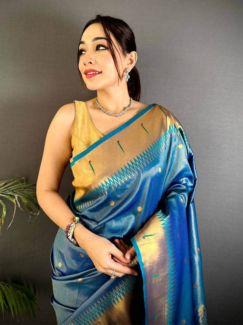 Teal Blue Grace Zari Tissue Paithani Saree