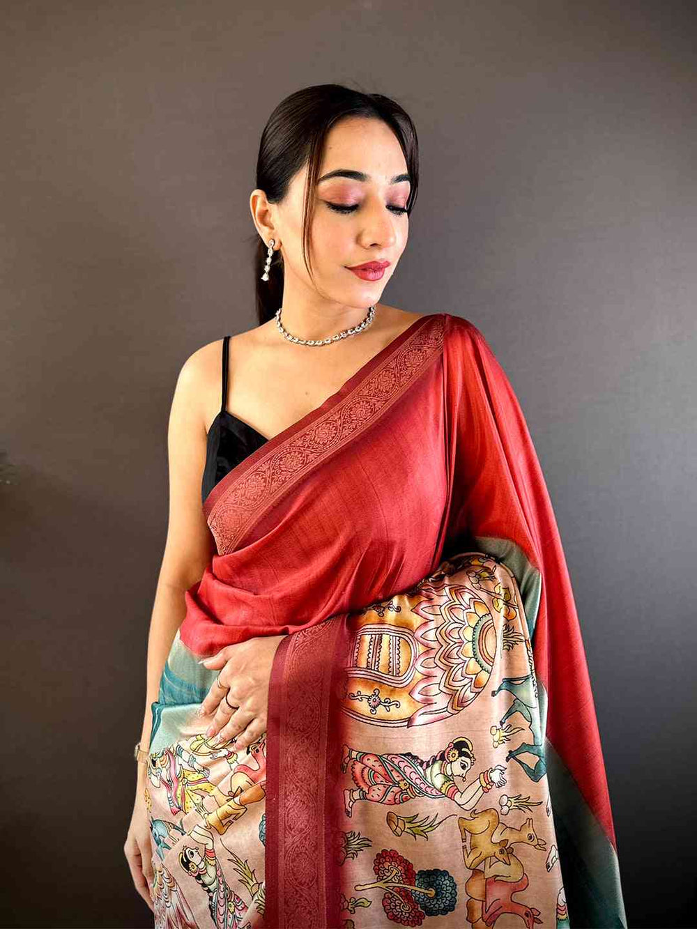 Red Soft Silk Placement Digital Print Saree