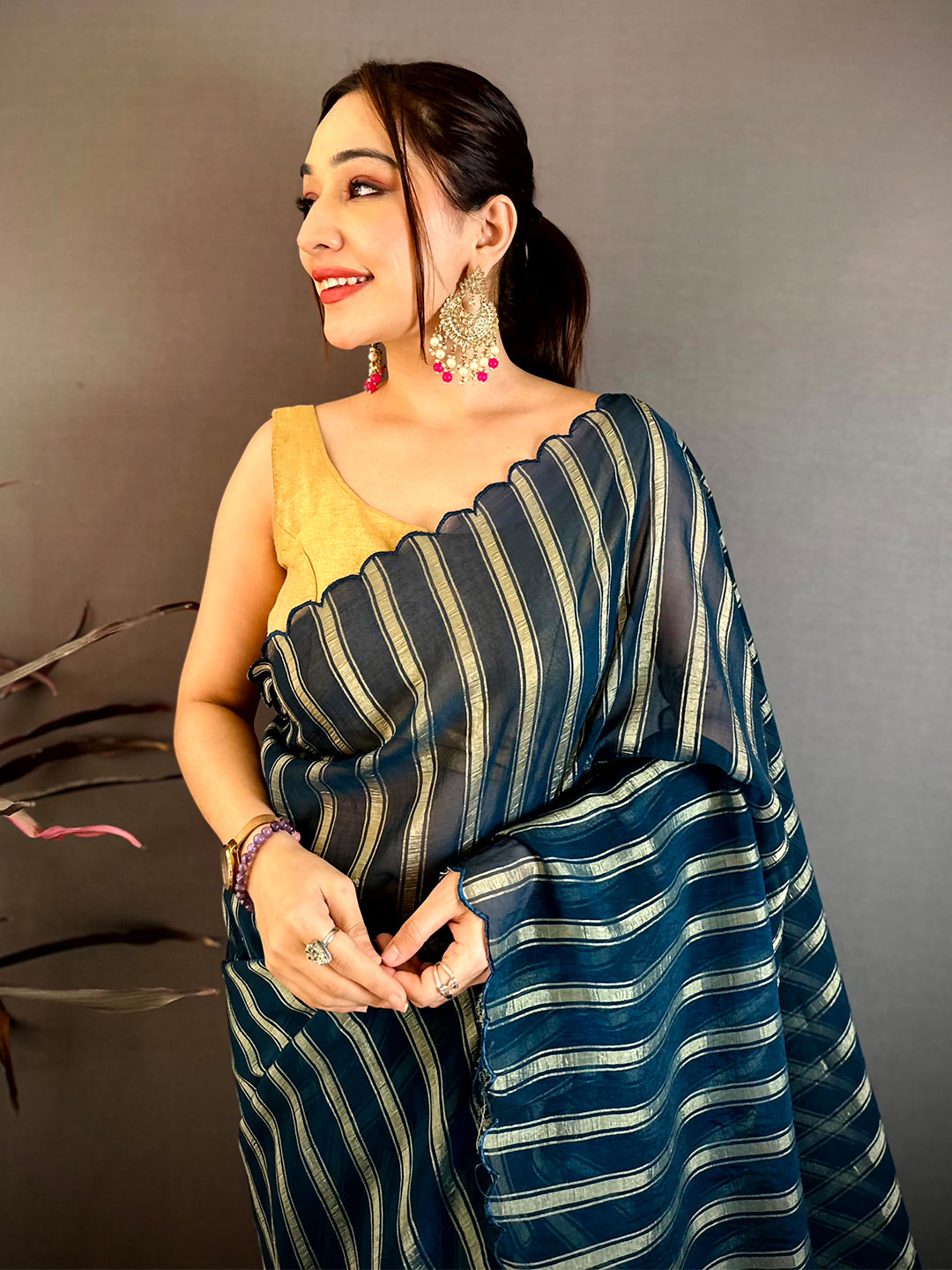 Navy Gold Zari Stripe Chiffon Saree
