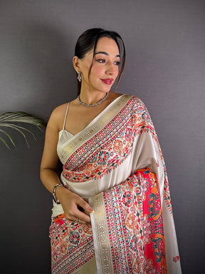 White Soft Silk Pashmina Kashmiri Print Saree