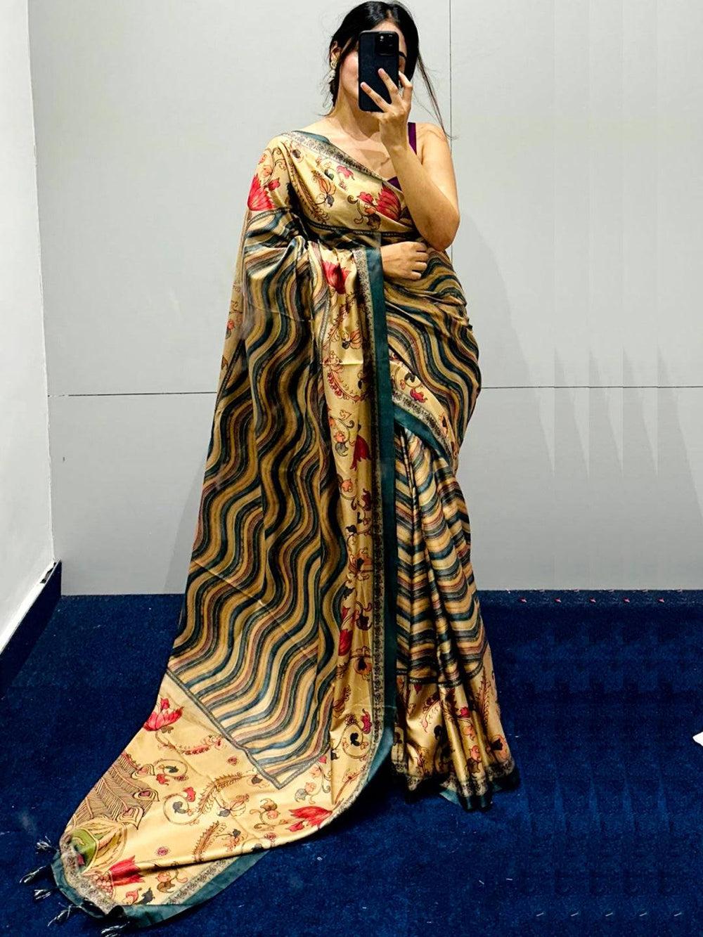 Stylish Teal Tussar Silk Saree with Flower Kalamakri and Leheriya