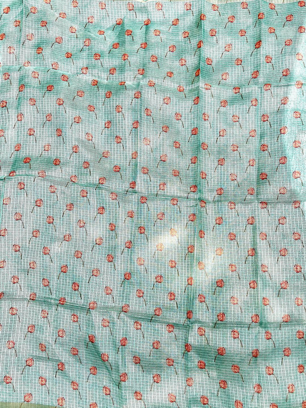 Turquoise Soft Kota Doriya Silk Saree With Flower Print