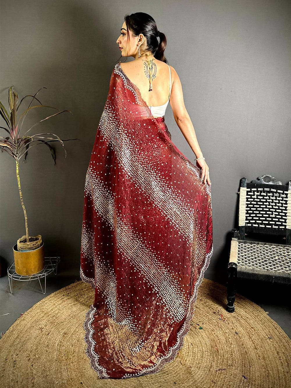 Wine Hotfix Sequin Diamond Zarkon Saree