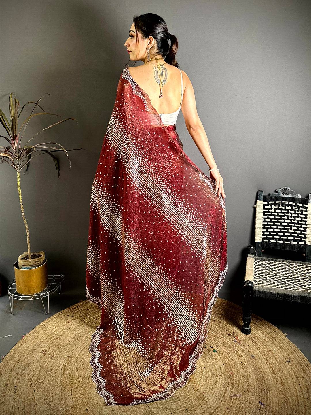 Wine Hotfix Sequin Diamond Zarkon Saree