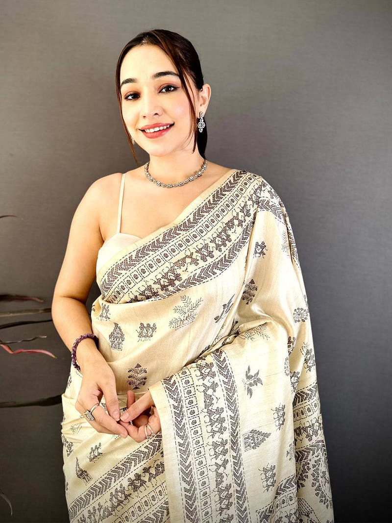 Classic Soft Ghicha Tussar Warli Print Saree