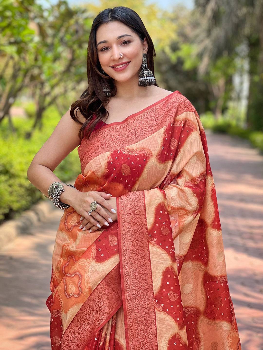Peach Digital Block Placement Print Saree

